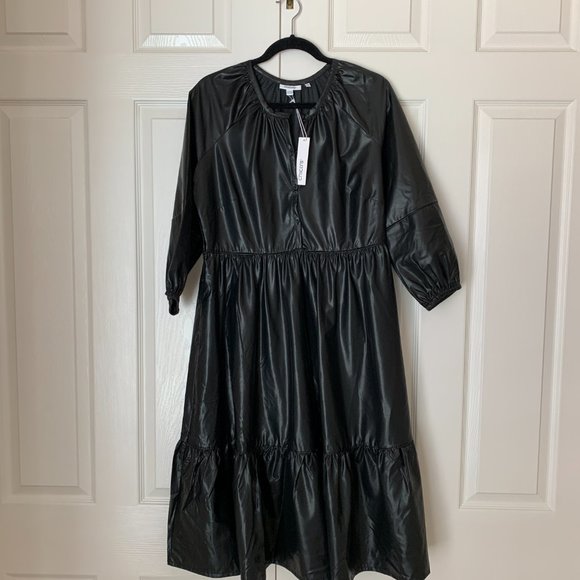 CHICO’S FAUX LEATHER MIDI TIERED DRESS WITH SLEEVES - Picture 9 of 16